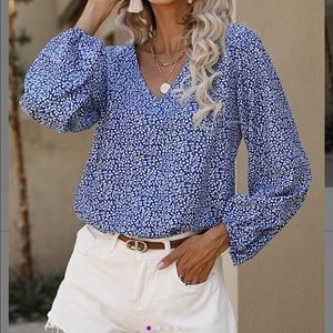 Knoeasy Blue and White Leaf V-Neck Top - Size Large